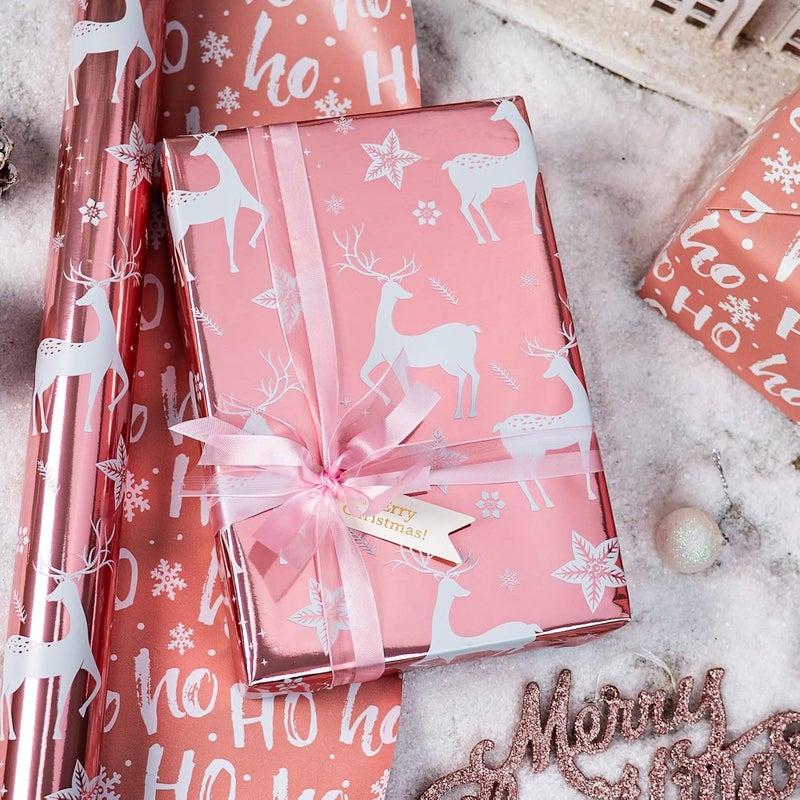 Retrify Christmas Wrapping Paper Roll - 17 Inches x 32.8 Feet - Metallic Pink Reindeer HO Lettering Mini Roll Gift Wrap Paper for Winter Holiday Festive Party Celebrations - Image 4